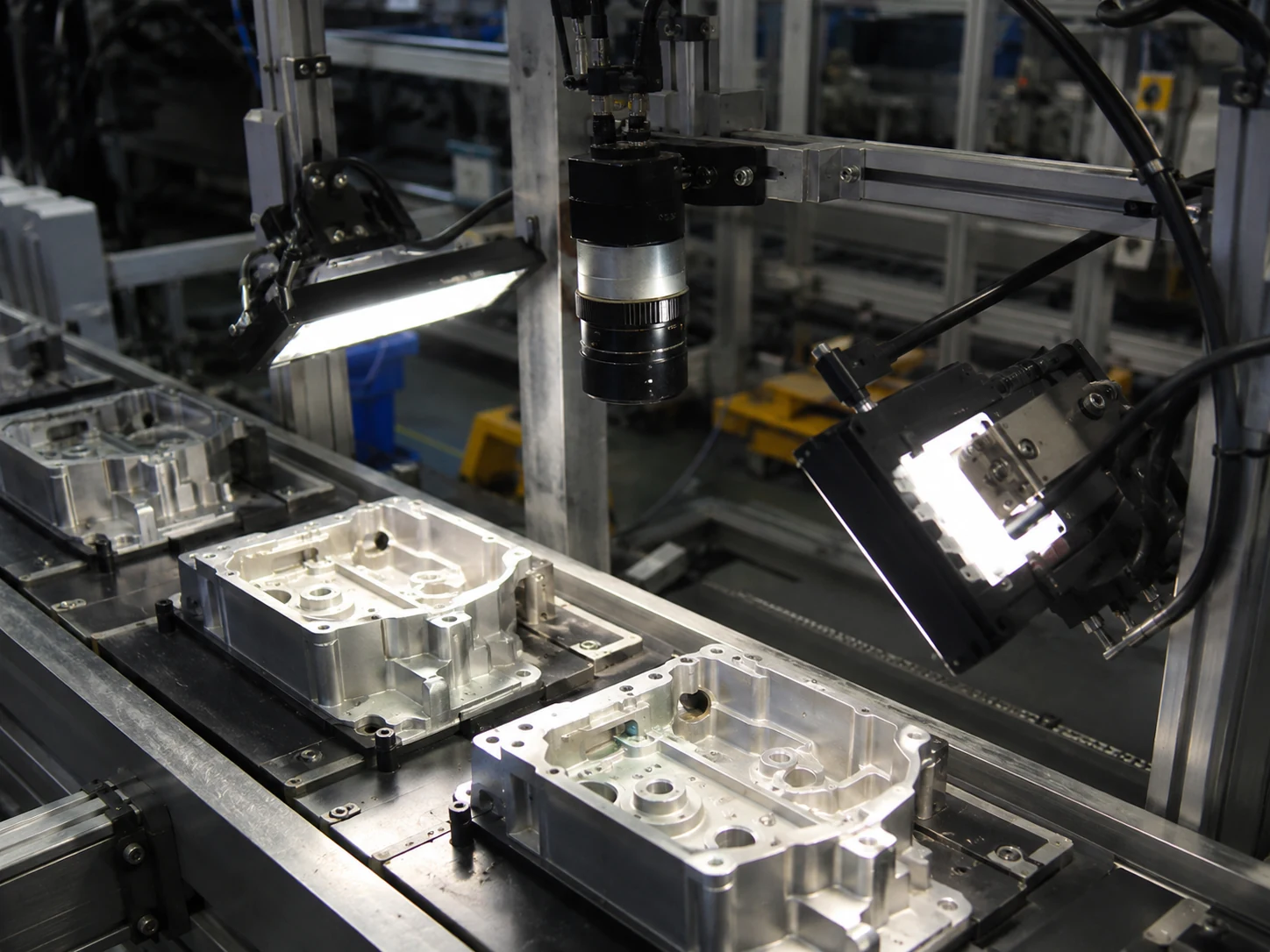 Real automotive metal parts inspection station with industrial camera