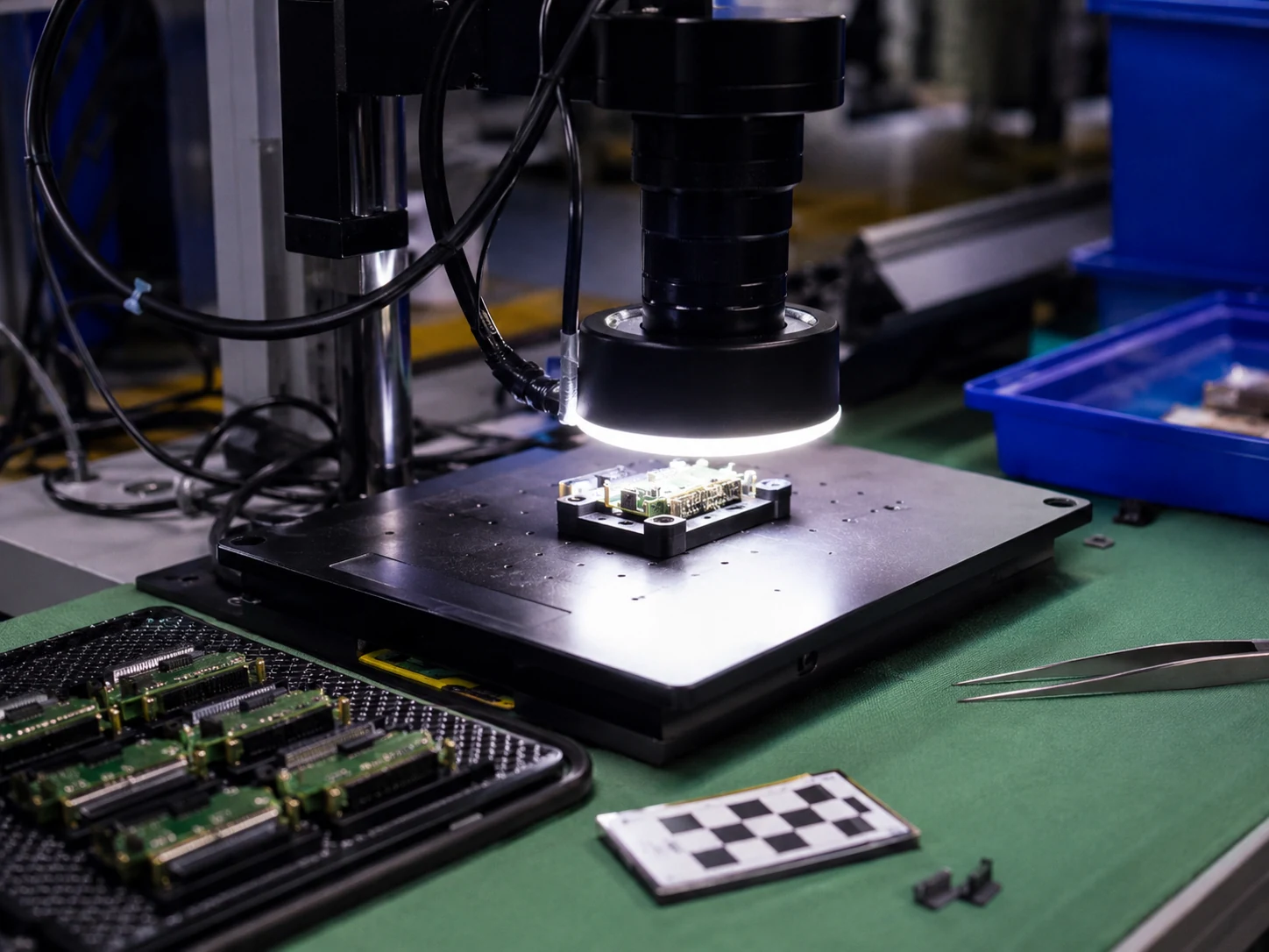 Real electronics inspection setup with PCB under machine vision camera