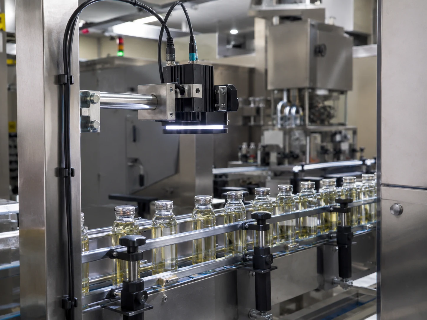 Real beverage production line with smart camera inspection