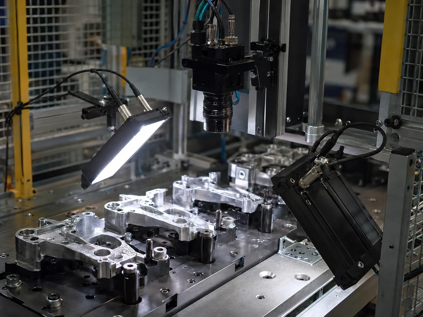 Real metal parts inspection setup with bar lighting and industrial camera