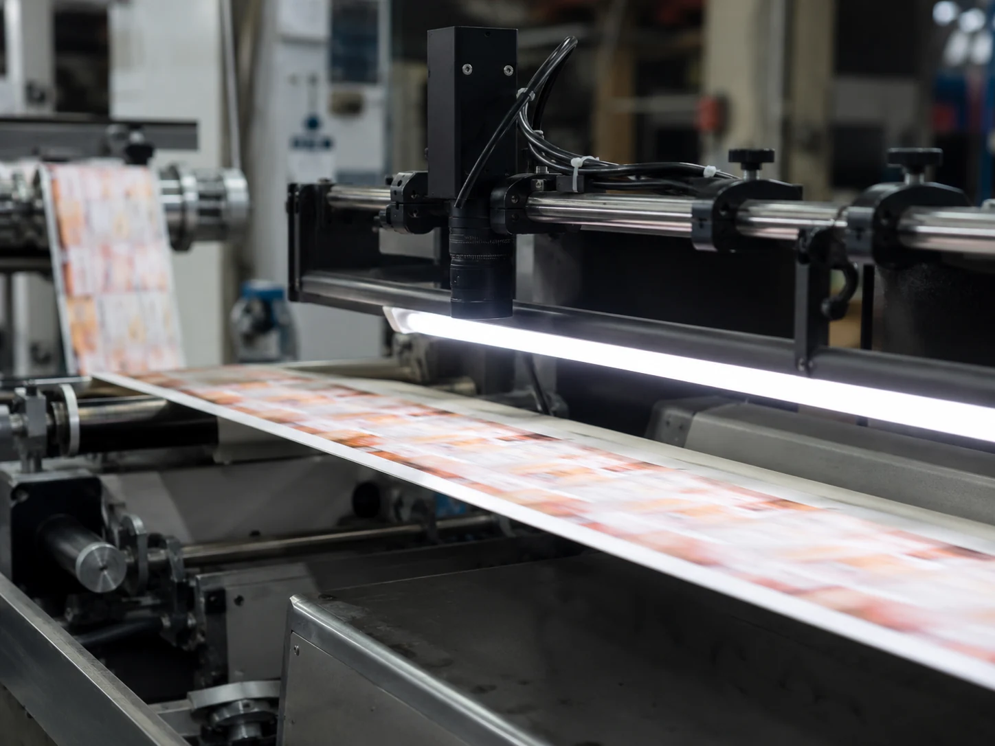 Real printing and label inspection line with machine vision lighting
