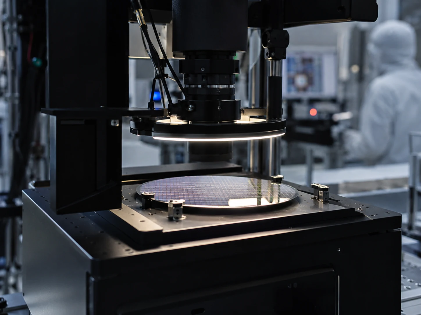 Real semiconductor inspection bench with precision camera and lens