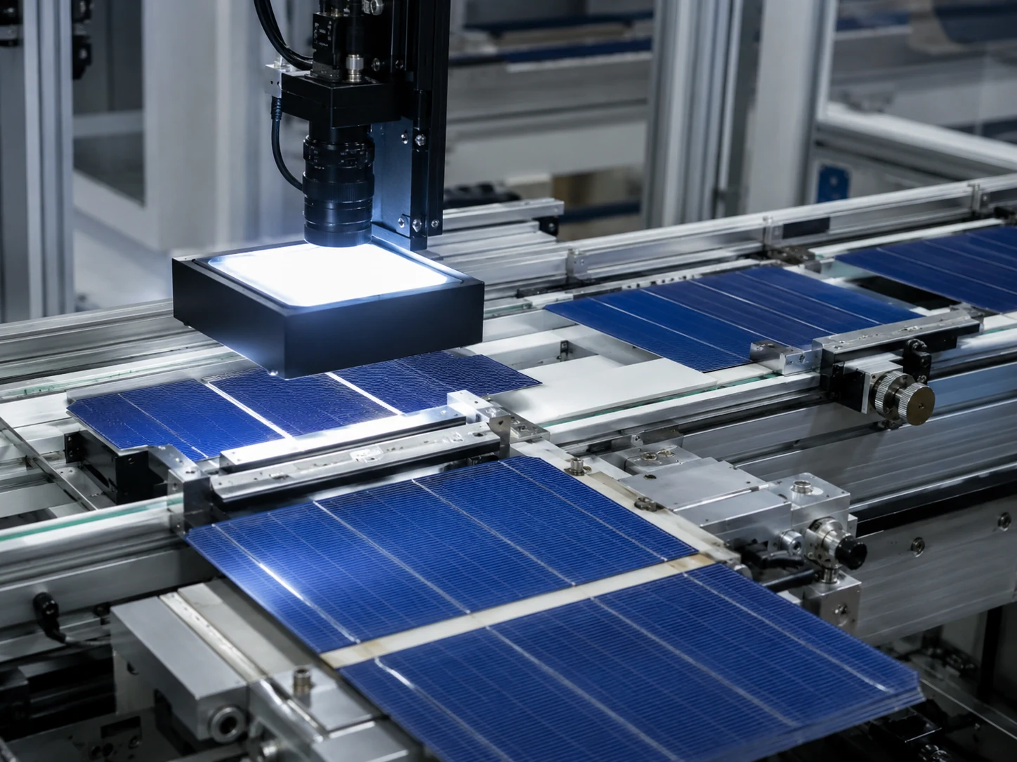 Real solar cell inspection station with industrial camera and light