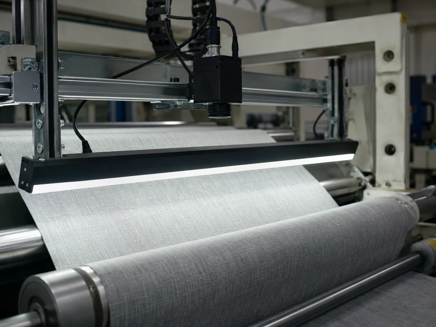 Real continuous web inspection line with line light and camera