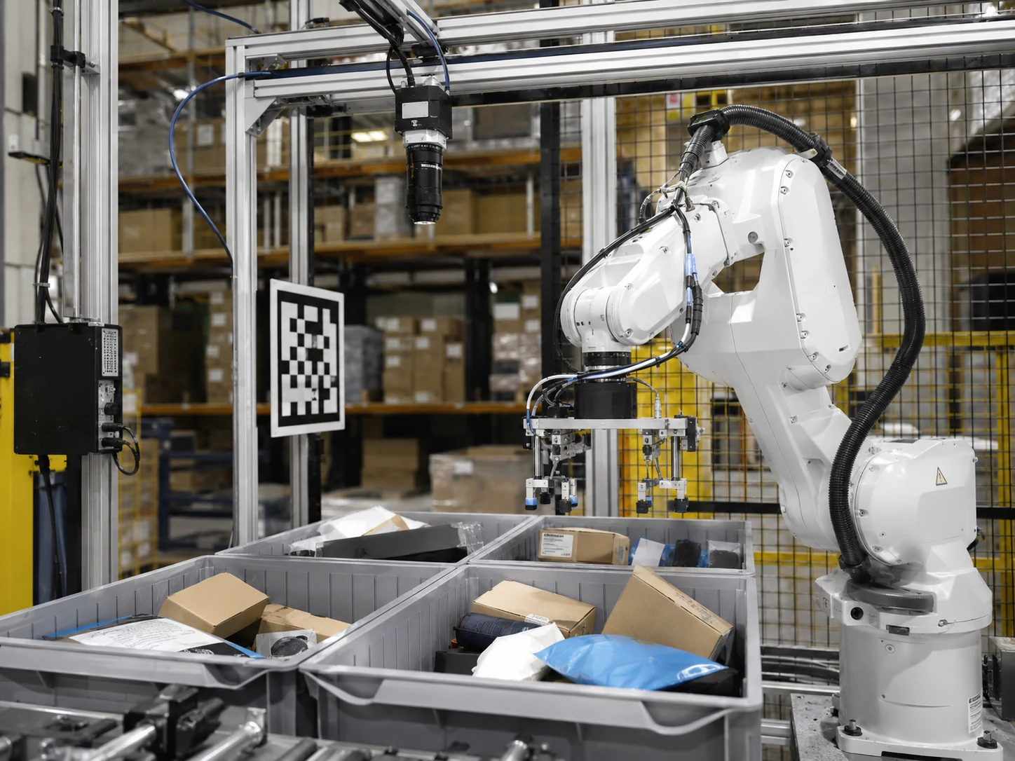 Real warehouse automation cell with robot arm and vision system